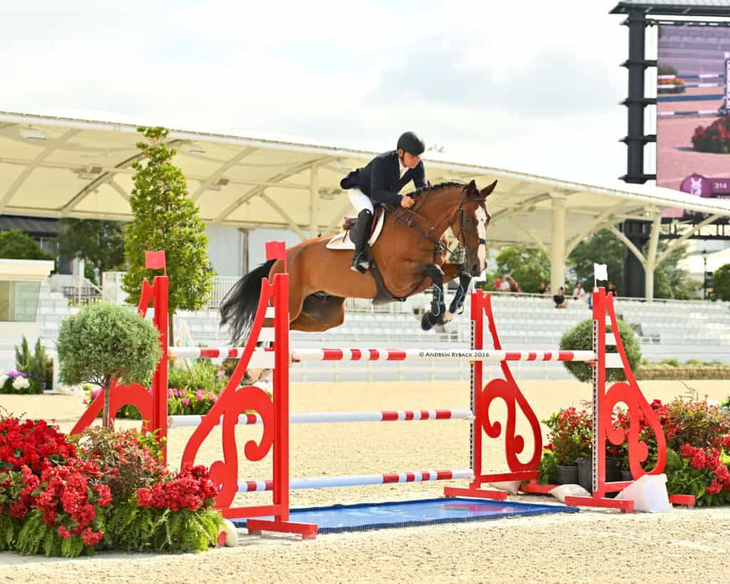 Equestrian rider and horse in mid-air jumping over a red and white obstacle during a show jumping competition in an outdoor arena.