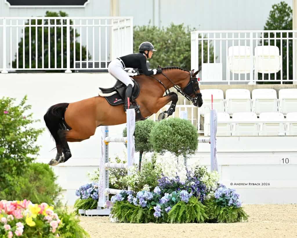 Equestrian jumping event; rider in black and white attire guides a brown horse over a floral-decorated obstacle in an arena with empty white seating.