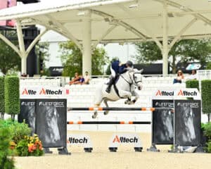 A rider on a white horse jumps over an obstacle during an equestrian event in an outdoor arena with spectators in the background.