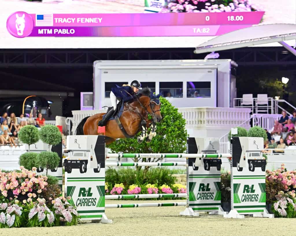 Equestrian rider jumps a horse over an obstacle in a competition arena, with spectators and flower decorations in the background.