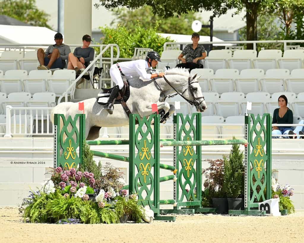 A rider on a white horse jumps over a green and yellow obstacle during an equestrian event, with spectators seated in the stands behind them.