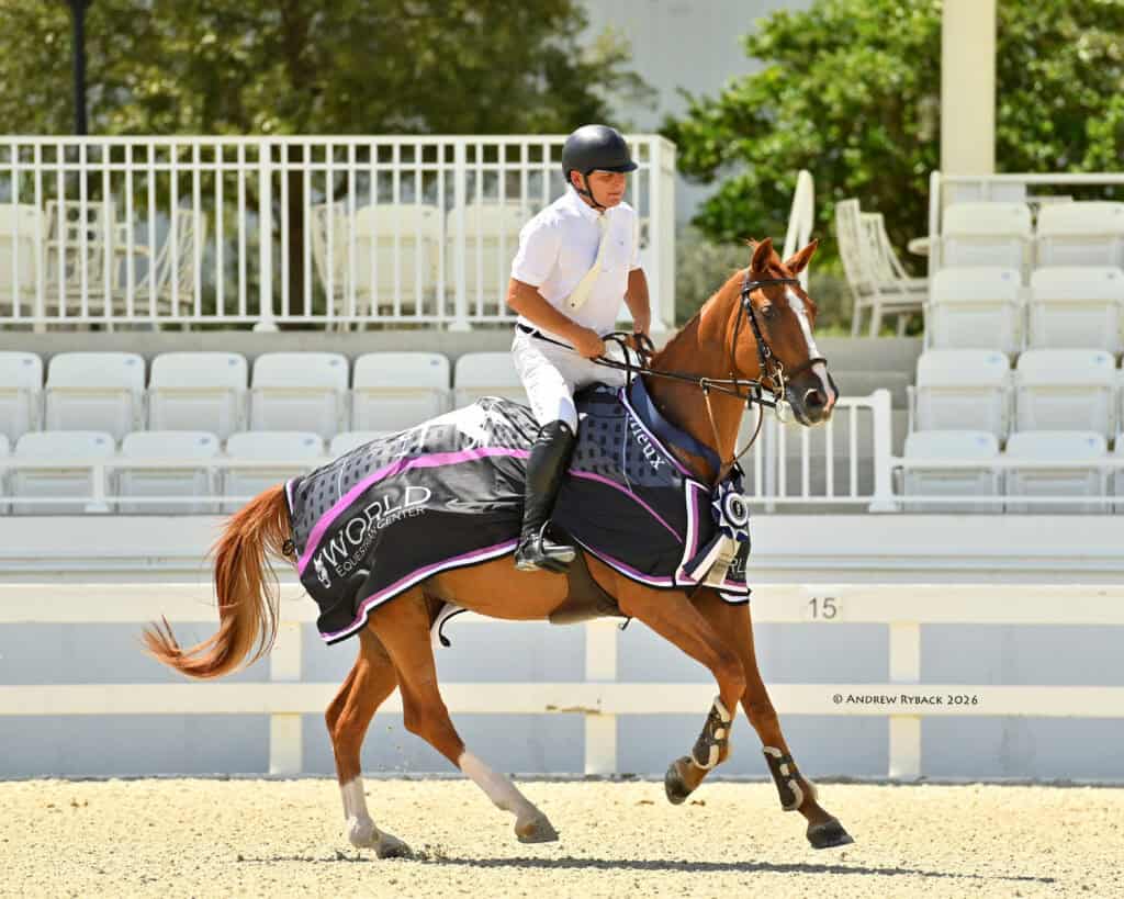 A rider in white attire and a helmet sits on a chestnut horse draped in a decorative black blanket, trotting past empty white stadium seats in an outdoor arena.