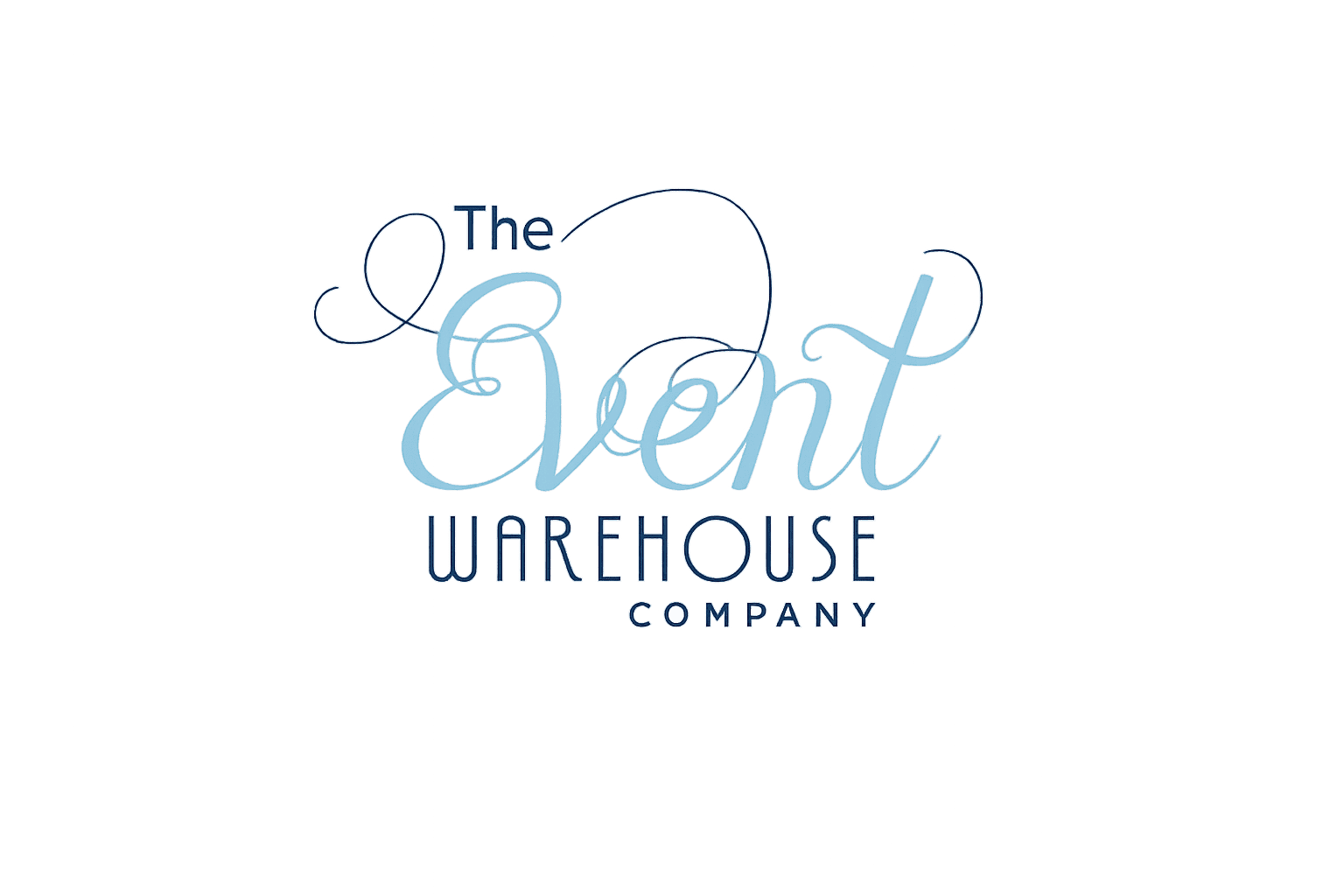 Logo for “The Event Warehouse Company” in decorative blue script and block letters on a light background.
