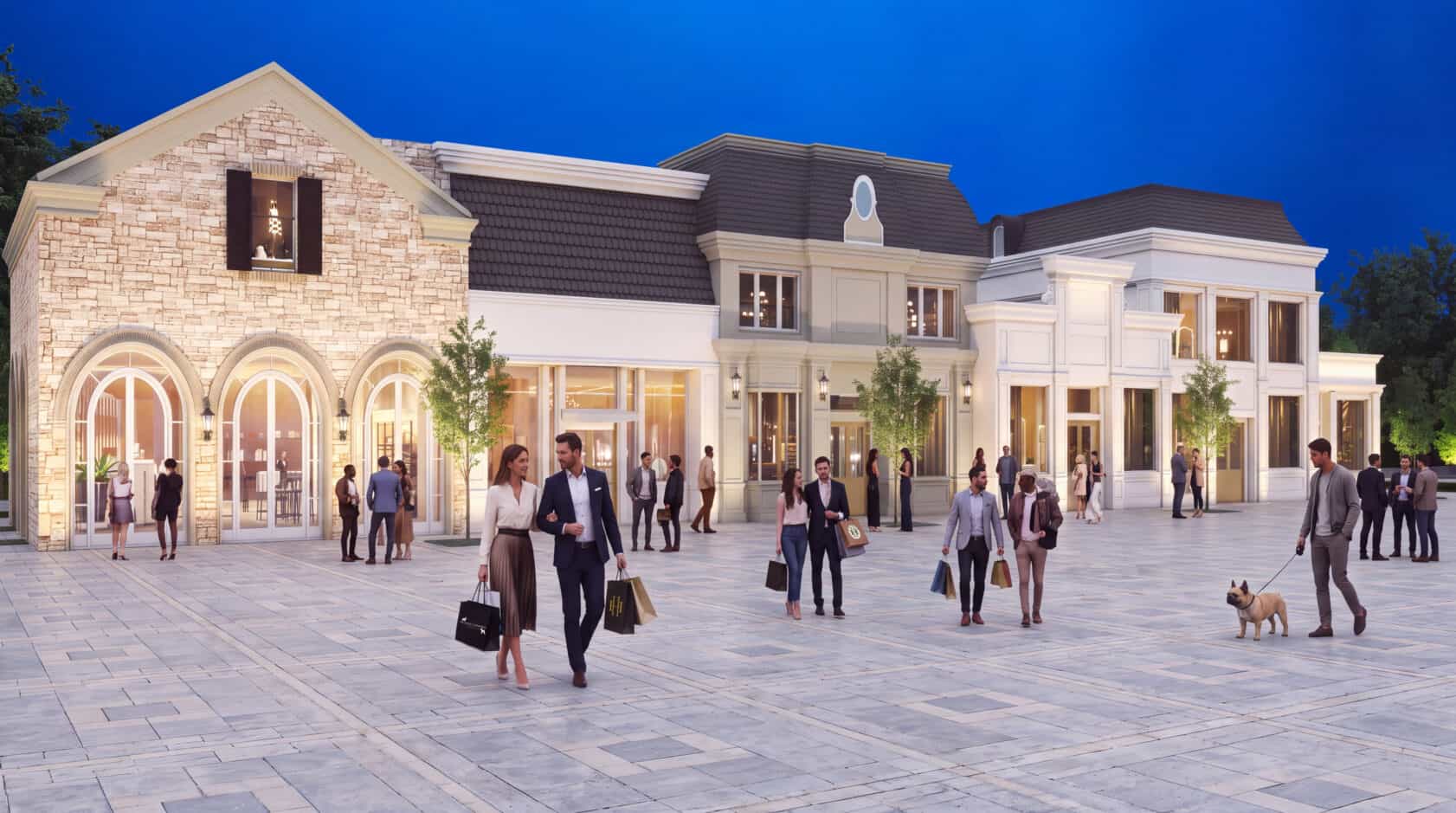 People walk and shop in an outdoor plaza with elegant buildings and bright lighting in the evening. Some carry shopping bags and a small dog is visible on the right.