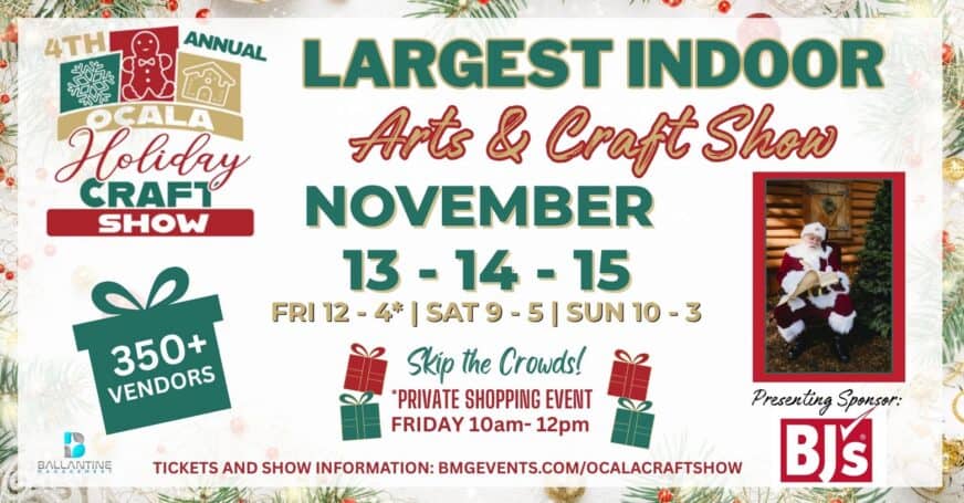 Holiday craft show flyer: “Largest Indoor Arts & Craft Show” Nov 13-15, 350+ vendors, private shopping Friday 10am-12pm, sponsored by BJ’s. Event details and festive graphics included.