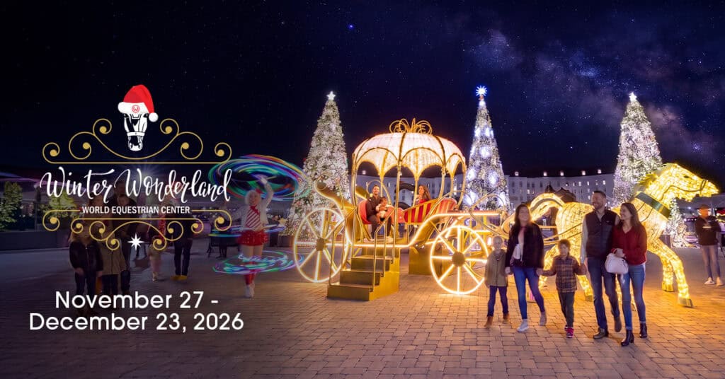 People walk near glowing holiday decorations, including a golden horse-drawn carriage and lit Christmas trees, at an outdoor event called Winter Wonderland, held November 27–December 23, 2026.