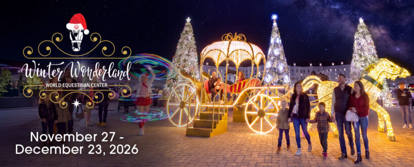 Families enjoy illuminated holiday decorations, including a golden carriage and Christmas trees, at the Winter Wonderland event, with event dates displayed: November 27 - December 23, 2026.
