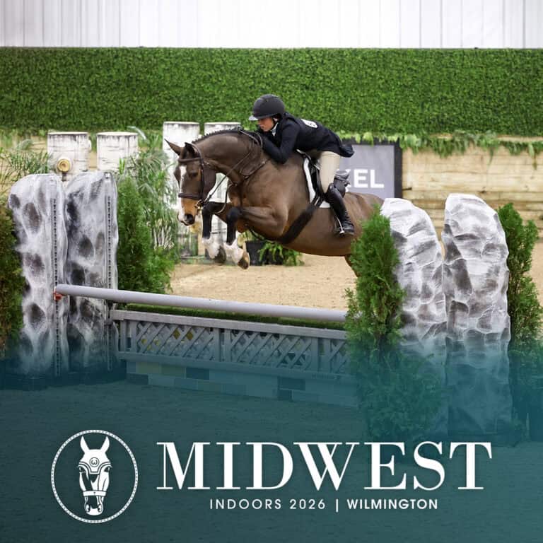 A rider on horseback jumps over an obstacle in an indoor arena. Text at the bottom reads: “MIDWEST INDOORS 2026 WILMINGTON.”.