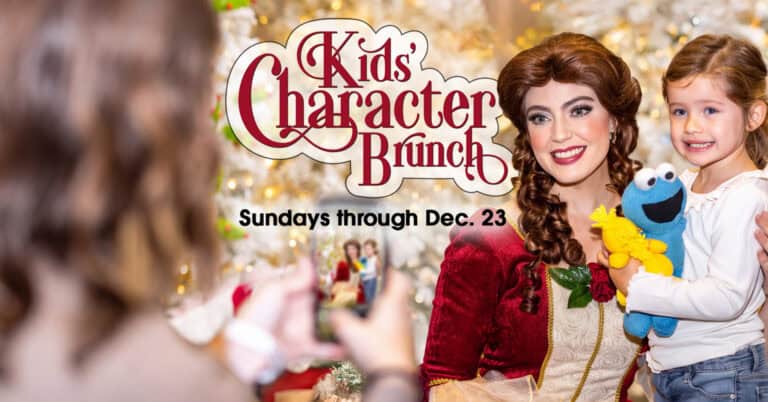 A woman dressed as a storybook character poses with a smiling child holding a Cookie Monster toy. Event text reads, “Kids’ Character Brunch. Sundays through Dec. 23.”.