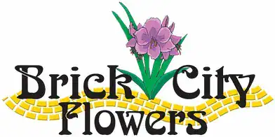 Logo for “Brick City Flowers” with stylized black text, a purple flower above green leaves, and a yellow brick path in the background.