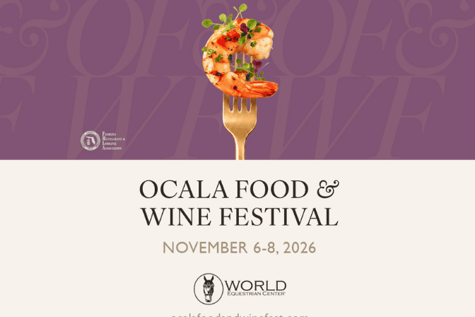 A grilled shrimp garnished with herbs sits on a fork above text for the Ocala Food & Wine Festival, November 6-8, 2026, at the World Equestrian Center.