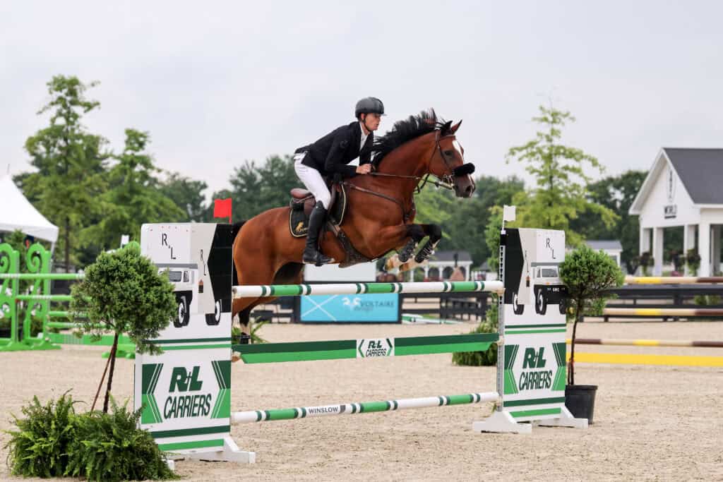 Equestrian rider and horse jump over an obstacle in an outdoor show jumping competition arena.