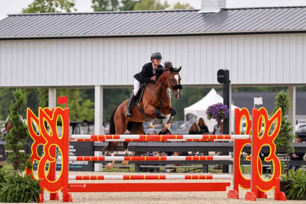 A rider on a brown horse jumps over a red and yellow obstacle during an equestrian event at an outdoor arena.