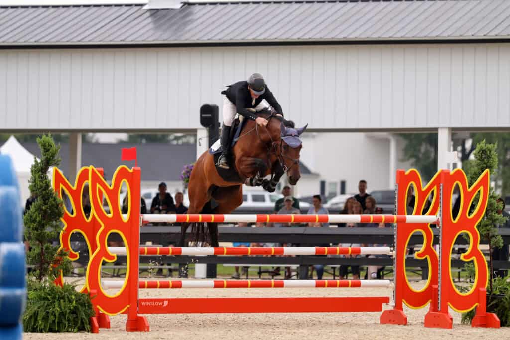 A rider on a brown horse jumps over a red and white obstacle during an equestrian competition; spectators are visible in the background.