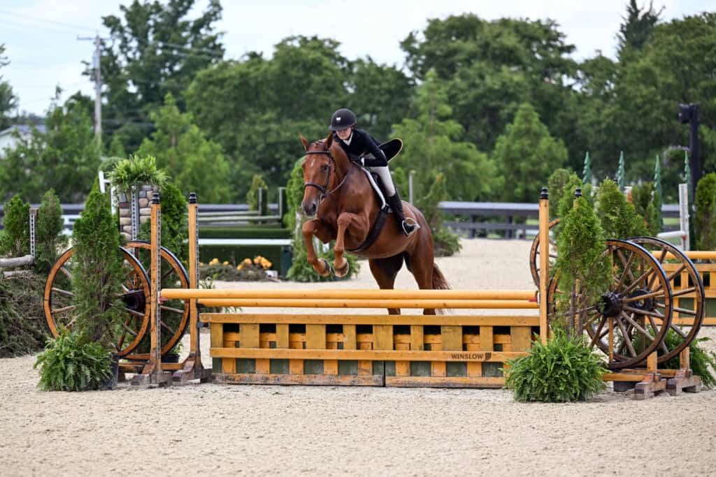 A rider wearing a helmet guides a brown horse over a yellow jump with wagon wheel accents in an outdoor equestrian arena.