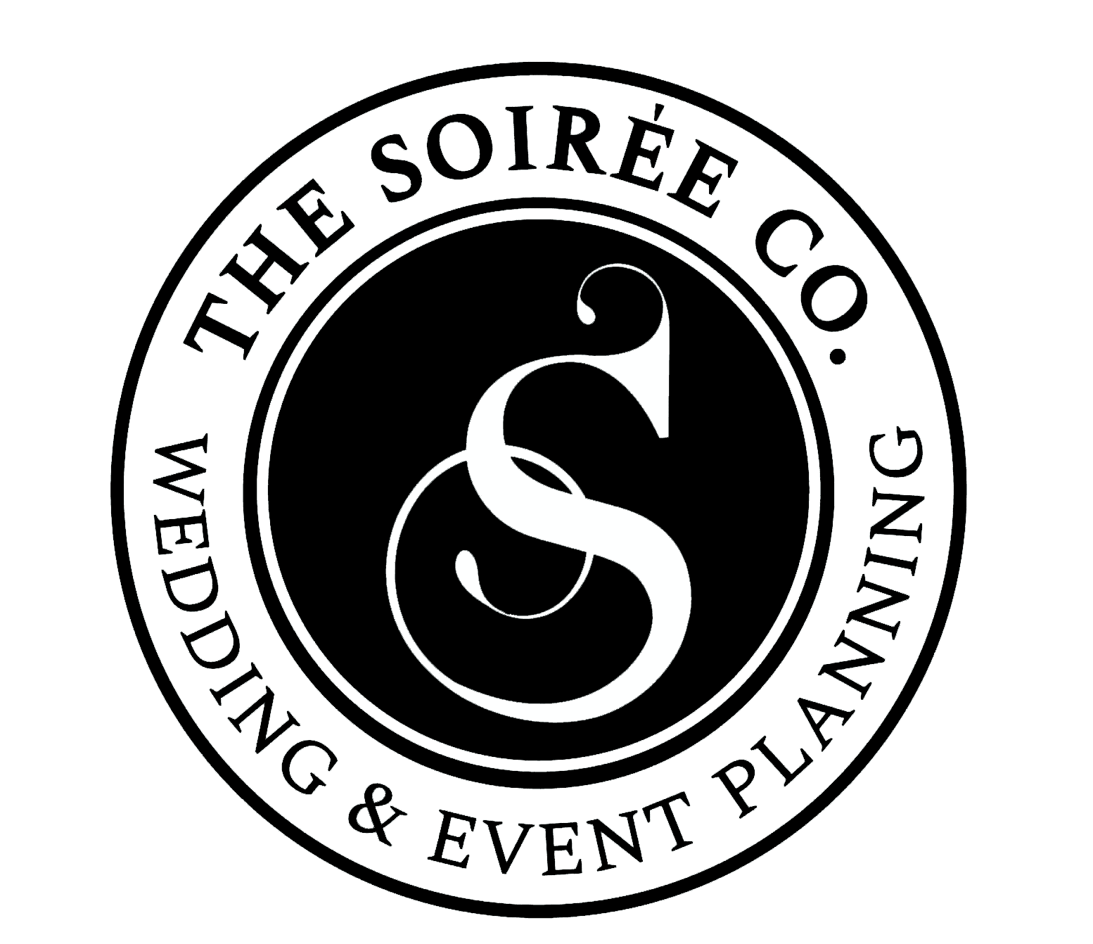 Circular logo for The Soirée Co. Wedding & Event Planning, featuring a large stylized “S” in the center and black and white color scheme.