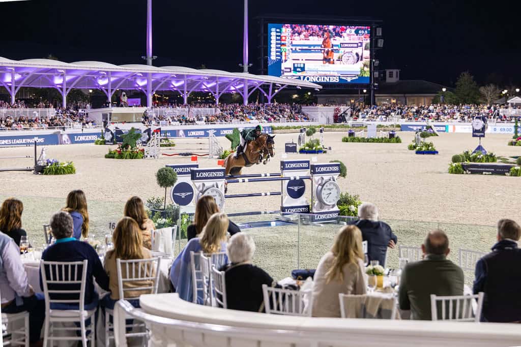A horse and rider jump an obstacle at an equestrian event in a stadium at night, with spectators seated at tables in the foreground.