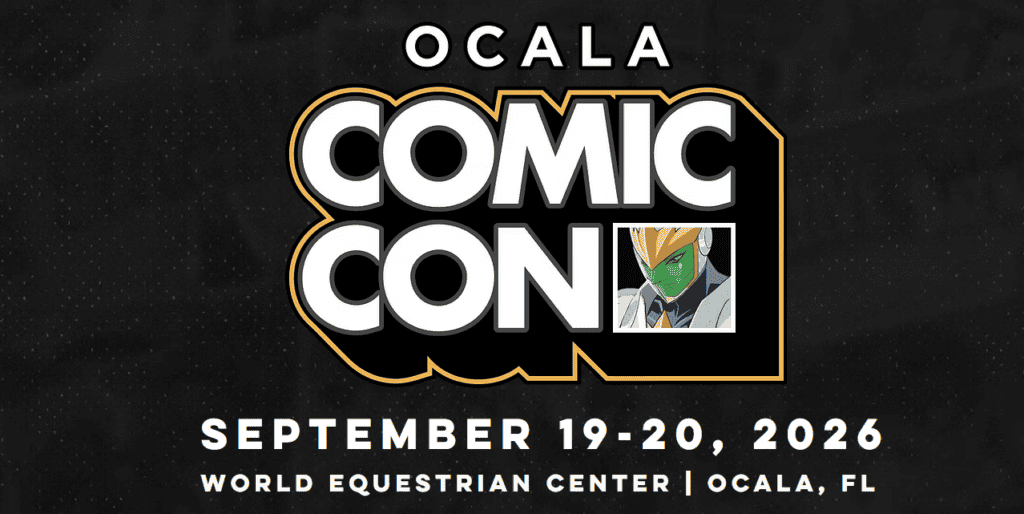 Ocala Comic Con event banner with dates September 19-20, 2026, at World Equestrian Center in Ocala, FL, featuring an anime character in the word “CON.”.