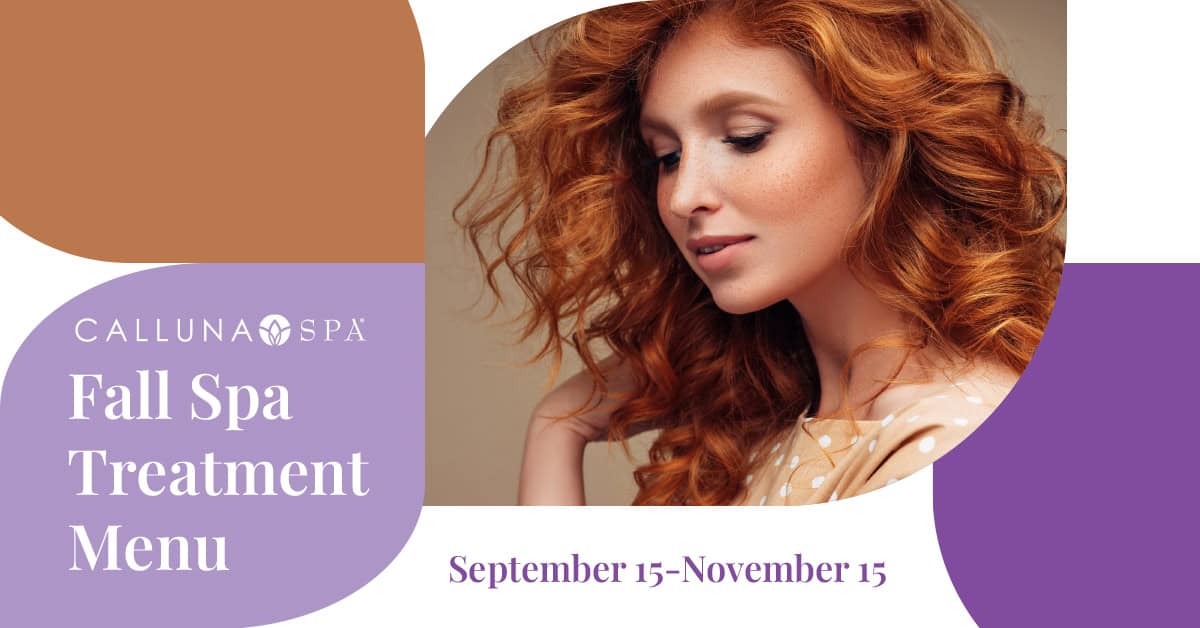 A red-haired woman with freckles poses serenely. Text: “Fall Spa Treatment Menu, September 15–November 15, Calluna Spa.” Background uses brown, tan, and purple shapes.