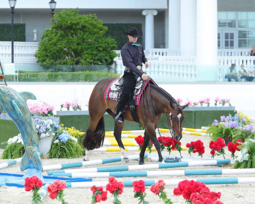 A person in a black outfit and hat rides a brown horse through an obstacle course with flower decorations and colorful poles.