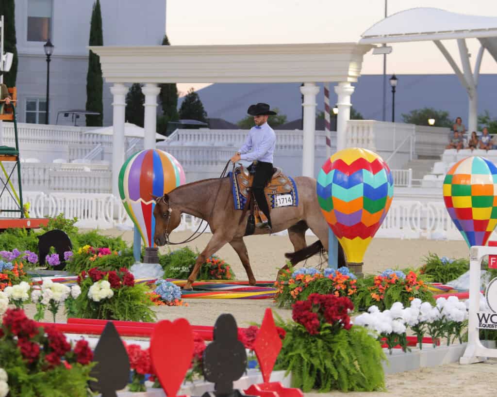 A rider wearing a hat guides a horse through a colorful obstacle course decorated with flowers and large hot air balloon props.