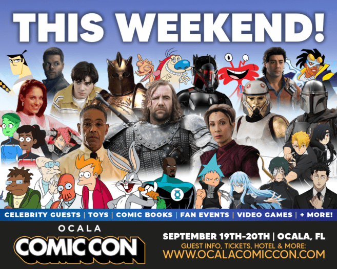 Ocala Comic Con event poster with photos of celebrity guests and various animated characters, event dates, location, and website details, promoting comics, games, and fandom activities.