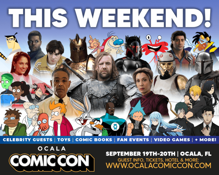Ocala Comic Con event poster with photos of celebrity guests and various animated characters, event dates, location, and website details, promoting comics, games, and fandom activities.