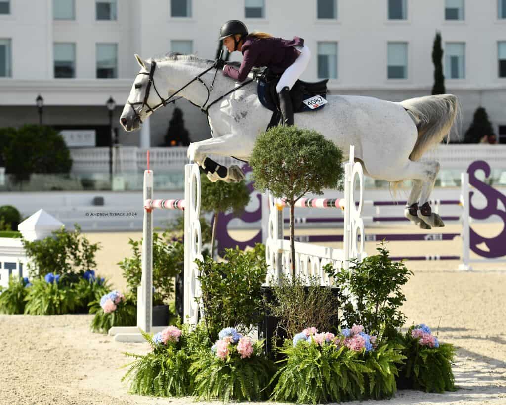 Equestrian rider in a helmet and jacket guides a white horse over a jump in an outdoor arena, with flowers and greenery in the foreground and a building in the background.