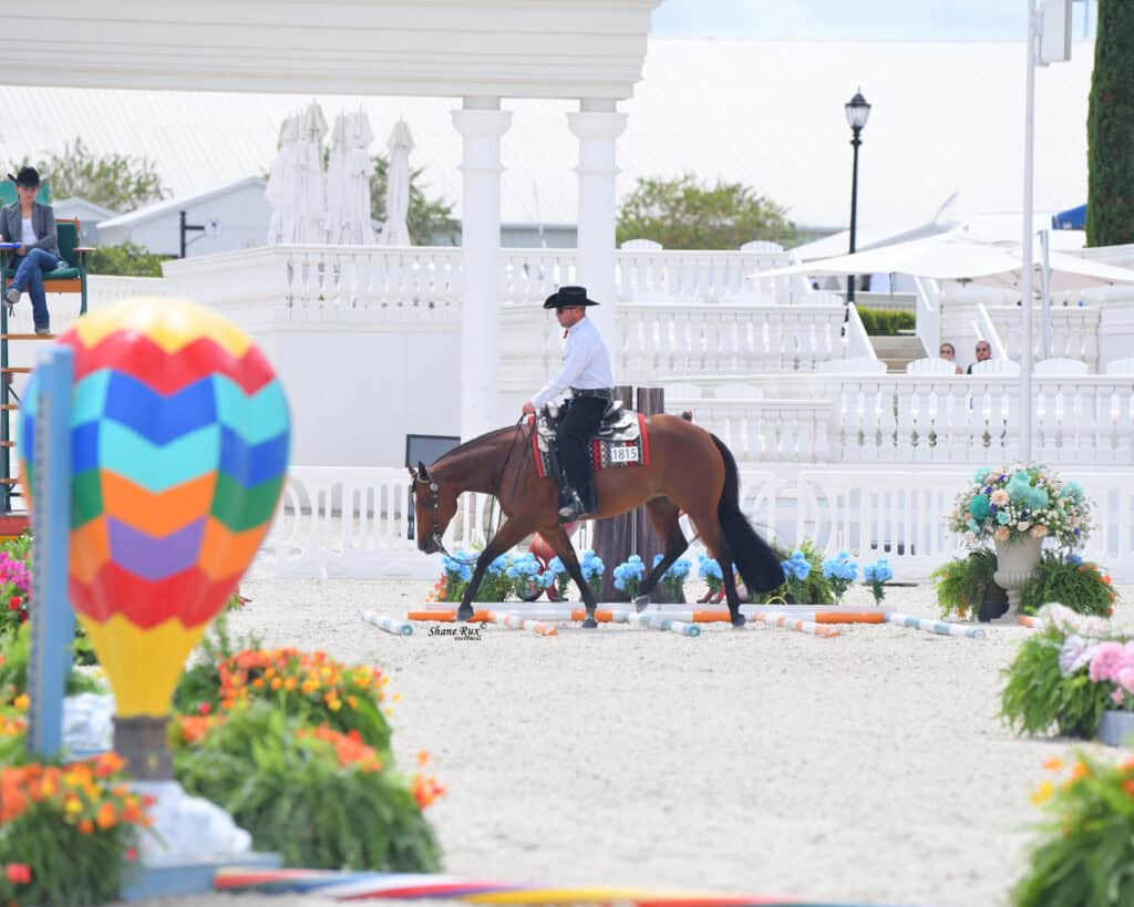 A rider in a black cowboy hat guides a brown horse through an obstacle course in an outdoor arena with colorful decorations and white fencing.