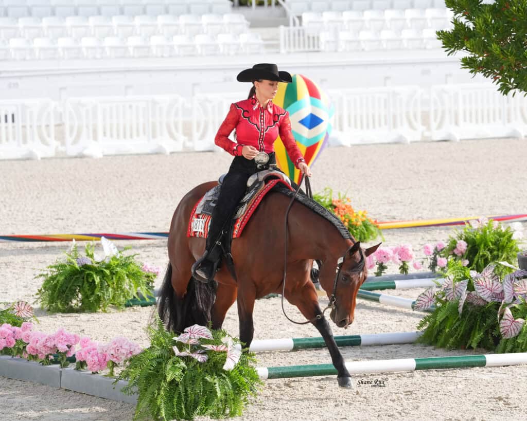 A person in a red shirt and black hat rides a brown horse through a decorated obstacle course with flowers and white fences in an outdoor arena.