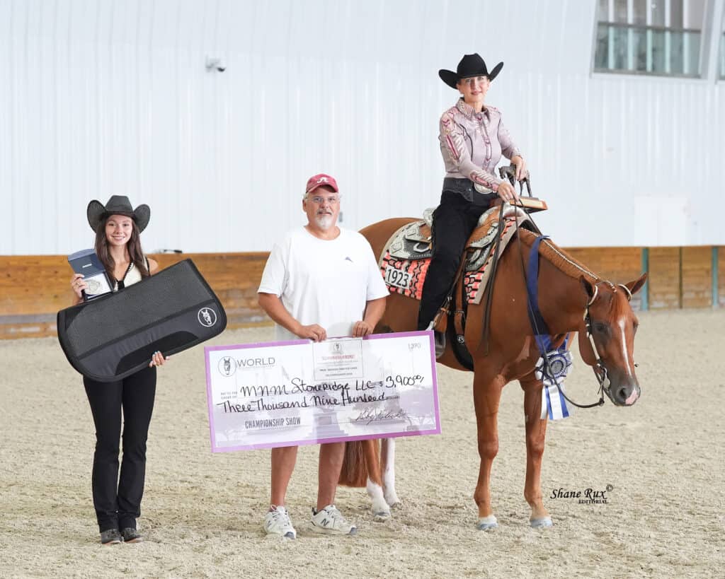 Three people pose indoors with a horse; one woman is on the horse holding a ribbon, another holds a guitar case, and a man is holding a large check for $3,300.