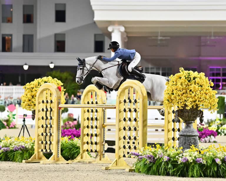 A rider on a gray horse jumps over a decorative obstacle during an equestrian event, with flowers and spectators in the background.
