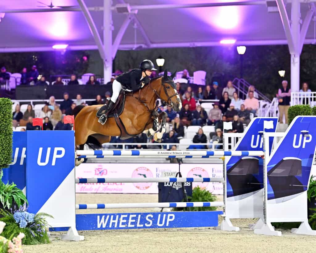 Equestrian rider and horse mid-jump over a blue and white hurdle marked “Wheels Up” during a show jumping competition, with spectators seated in the background.