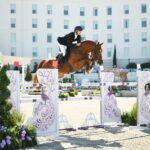 A rider in a black jacket and helmet jumps a brown horse over a decorative obstacle at an outdoor equestrian event, with a large white building in the background.