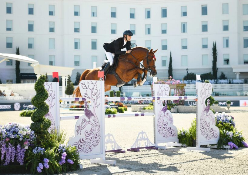 A rider in a black jacket and helmet jumps a brown horse over a decorative obstacle at an outdoor equestrian event, with a large white building in the background.