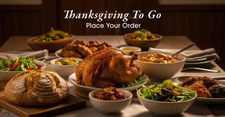 A Thanksgiving meal with roast turkey, salads, bread, and various side dishes on a table, with the text “Thanksgiving To Go Place Your Order” above the spread.