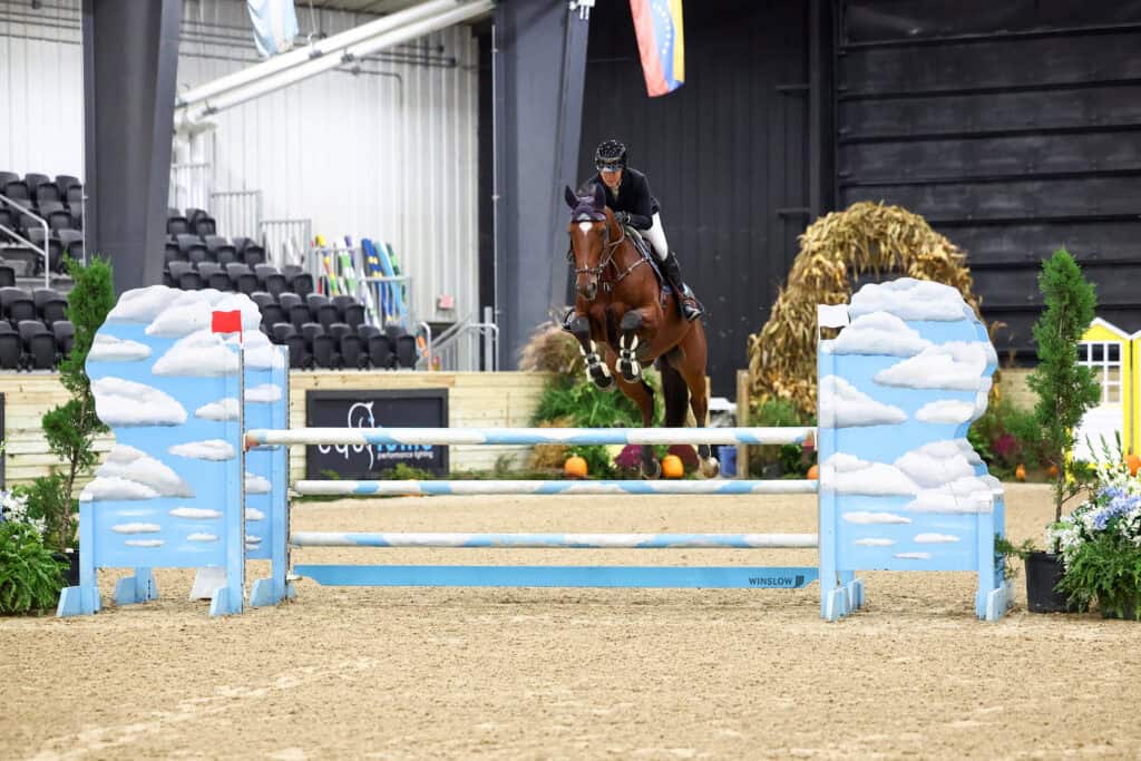 A horse and rider jumping over a blue, cloud-patterned obstacle in an indoor arena.