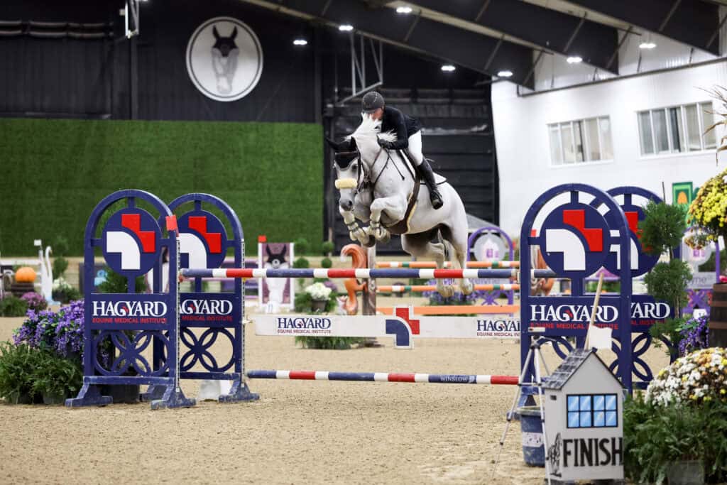 A rider on a grey horse jumping over a Hagyard-branded obstacle in an indoor arena.