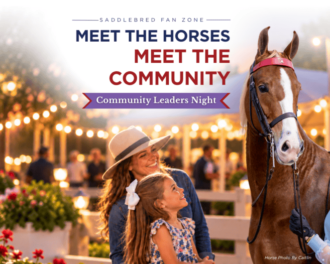 A woman and a young girl look at a Saddlebred horse at an evening event titled Community Leaders Night.