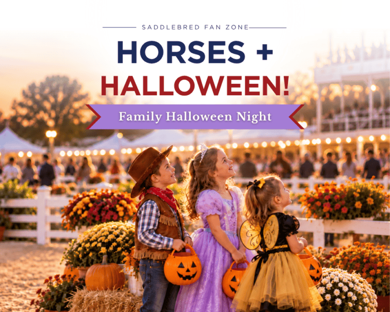 Saddlebred Fan Zone: Horses + Halloween! Family Halloween Night event poster featuring three children in costumes holding pumpkin buckets in a pumpkin patch.