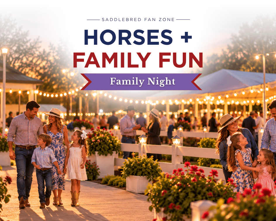 Families walk along a pathway at an outdoor event decorated with string lights, with text reading “Saddlebred Fan Zone: Horses + Family Fun, Family Night.”