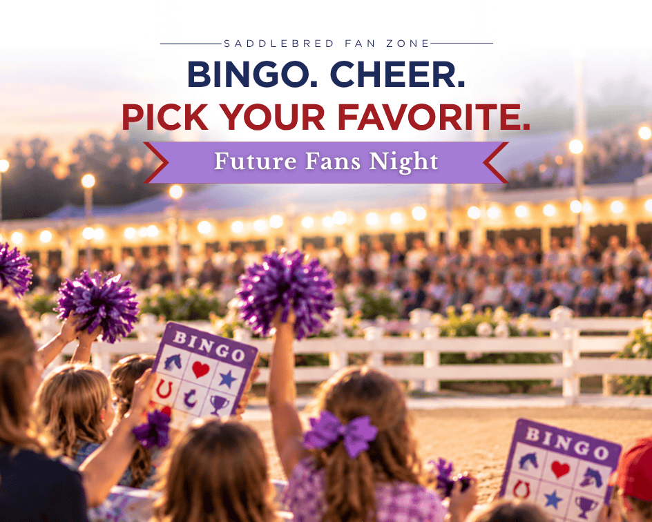 Future Fans Night at the Saddlebred Fan Zone, featuring people holding bingo cards and purple pom-poms at a stadium.