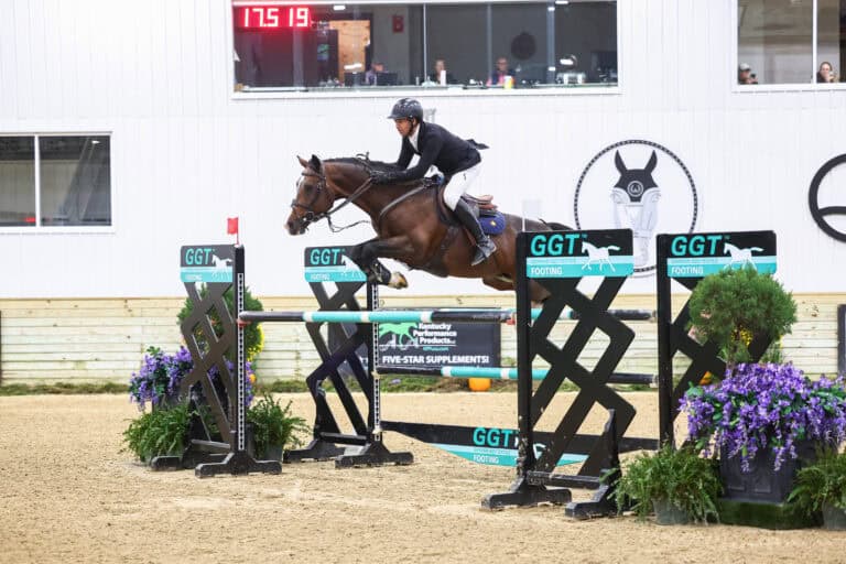 A horse and rider jumping over a hurdle in an indoor arena.
