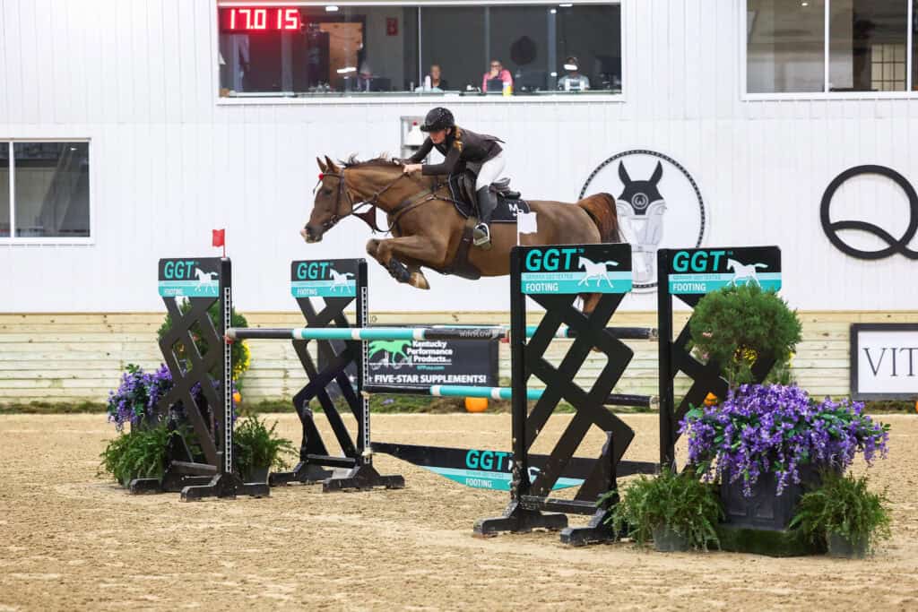 A rider on a brown horse jumping over a hurdle in an indoor arena.