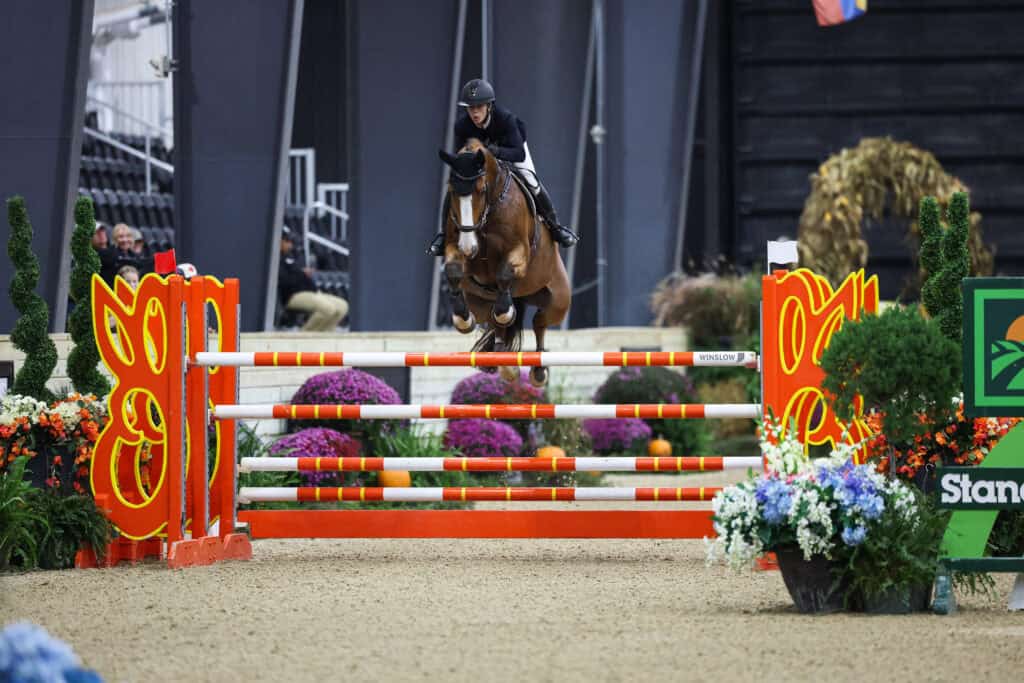 A rider on a brown horse jumping over an orange and white show jumping obstacle.