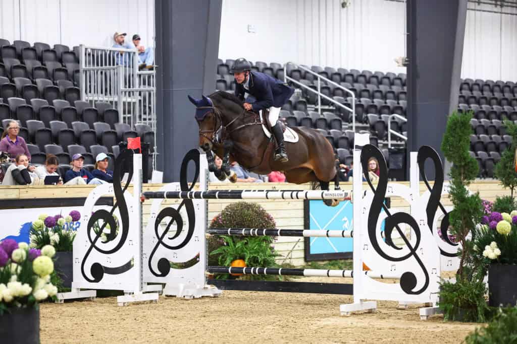 A horse and rider jumping over a hurdle shaped like musical treble clefs in an indoor arena.