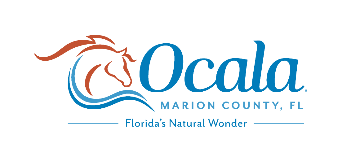 Logo for Ocala, Marion County, FL, featuring an orange horse head silhouette above a blue wave, with the tagline “Florida’s Natural Wonder.”