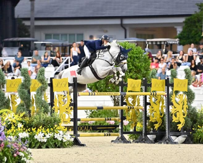 A rider on a grey horse jumping over a yellow show jumping obstacle in an arena with spectators in the background.
