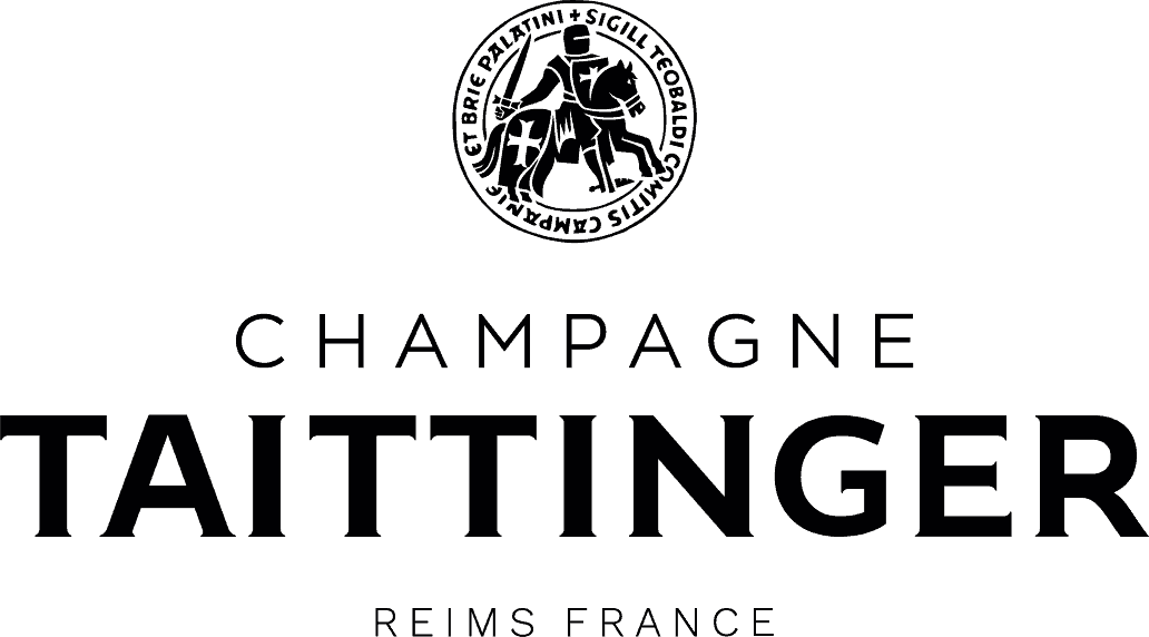Logo for Champagne Taittinger featuring a circular emblem of a knight on horseback above the brand name and city of origin, Reims, France.