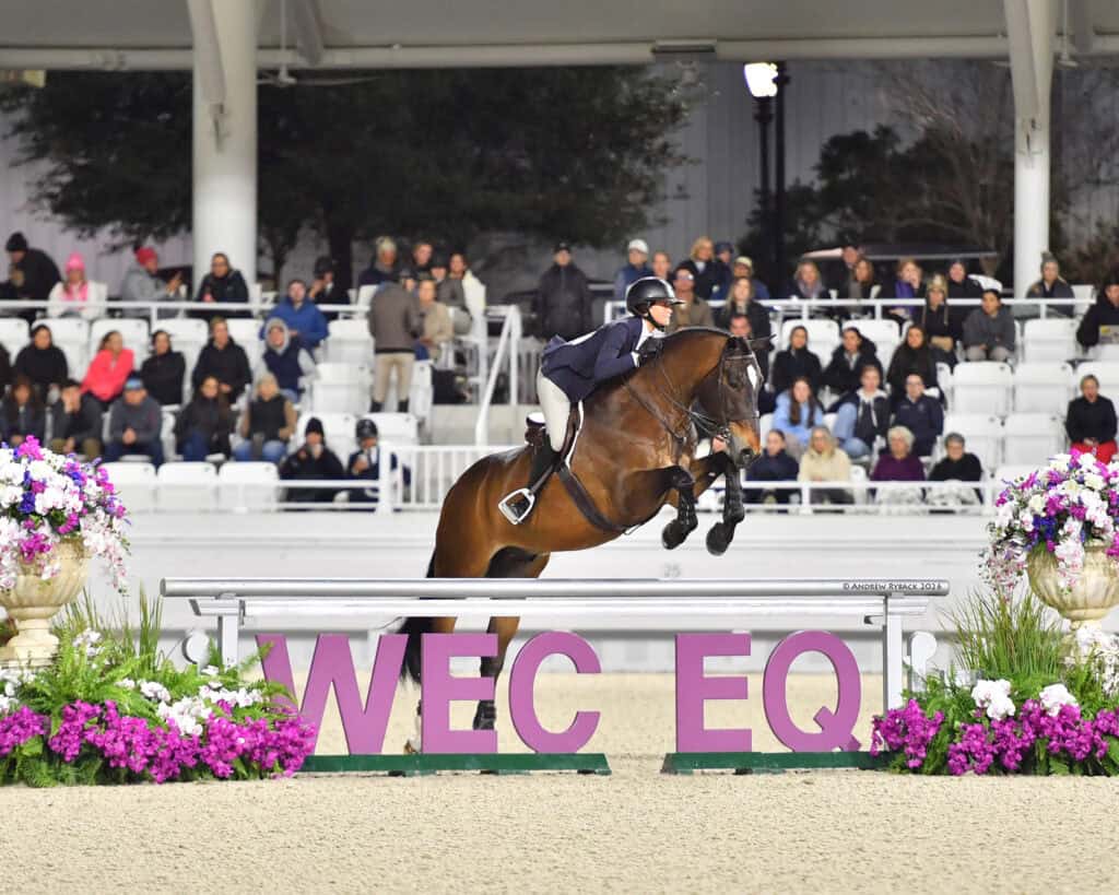 A rider in equestrian attire jumps a horse over a purple “WEC EQ” fence in an indoor arena with spectators in the background.